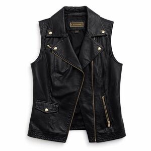 Black Genuine Leather Vest with Gold Accents
